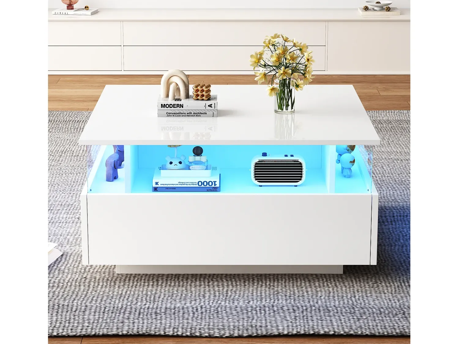 Mesa De Centro*Hauss Spole Mesa de centro quadrada 70x70x41cm com 2 gavetas e LED, corpo em laca branca brilhante Branco