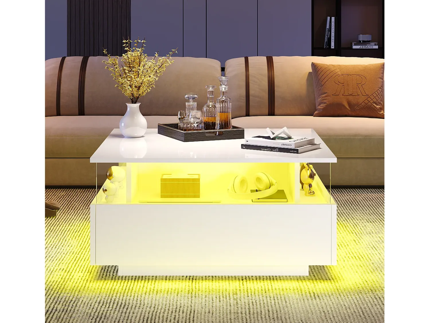 Mesa De Centro*Hauss Spole Mesa de centro quadrada 70x70x41cm com 2 gavetas e LED, corpo em laca branca brilhante Branco