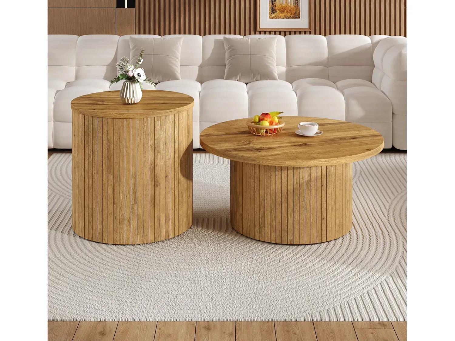 Mesa De Centro*Hauss Spole Mesa de centro redonda - Conjunto de 2 - Riscas verticais em madeira Natural claro