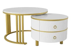 Sale Merax Mesa de centro redonda 2 em 1 - 70 x 70 x 46 cm + 50 x 50 x 40 cm - combinação de mesa de sala de estar com 2 gavetas - MDF - Branco