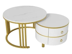 Sale Merax Mesa de centro redonda 2 em 1 - 70 x 70 x 46 cm + 50 x 50 x 40 cm - combinação de mesa de sala de estar com 2 gavetas - MDF - Branco