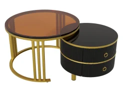 Merax Mesa de centro redonda 2 em 1 - 70 x 70 x 46 cm + 50 x 50 x 40 cm - Combinação de mesa de centro com 2 gavetas - MDF - Preto