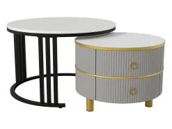 New Mesa de centro redonda 2 em 1 em MDF com tampo em mármore branco brilhante, 2 gavetas, 70x70x46+50x50x40cm Cinzento