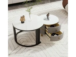 New Mesa de centro redonda 2 em 1 em MDF com tampo em mármore branco brilhante, 2 gavetas, 70x70x46+50x50x40cm Cinzento