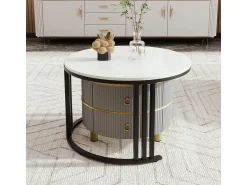 New Mesa de centro redonda 2 em 1 em MDF com tampo em mármore branco brilhante, 2 gavetas, 70x70x46+50x50x40cm Cinzento