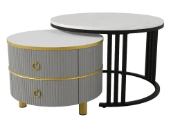New Mesa de centro redonda 2 em 1 em MDF com tampo em mármore branco brilhante, 2 gavetas, 70x70x46+50x50x40cm Cinzento