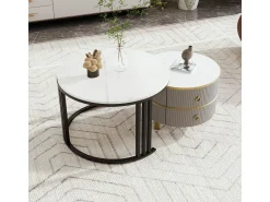 New Mesa de centro redonda 2 em 1 em MDF com tampo em mármore branco brilhante, 2 gavetas, 70x70x46+50x50x40cm Cinzento