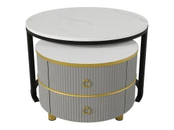 New Mesa de centro redonda 2 em 1 em MDF com tampo em mármore branco brilhante, 2 gavetas, 70x70x46+50x50x40cm Cinzento