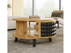 Mesa De Centro* Mesa de Centro Redonda - Mesa Giratória com Prateleira Interna Oculta, Perna em Preto - 85,2x80x45,2cm - Natural Natural claro