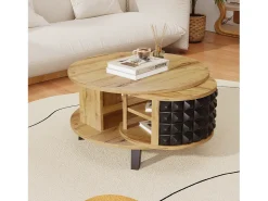 Mesa De Centro* Mesa de Centro Redonda - Mesa Giratória com Prateleira Interna Oculta, Perna em Preto - 85,2x80x45,2cm - Natural Natural claro