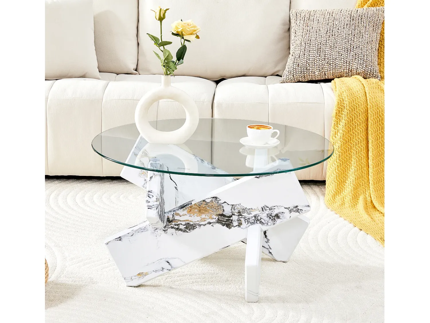 Mesa De Centro|Hauss Spole Mesa de centro redonda com pés em efeito mármore - Tampo em vidro Branco
