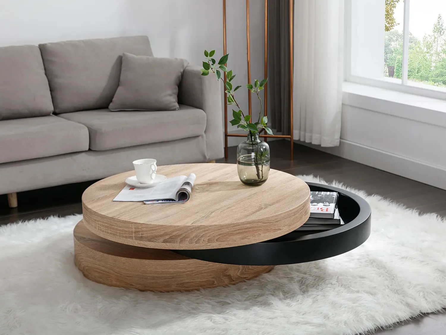 Mesa De Centro*Vente-unique Mesa de centro redonda com 1 prateleira em MDF - Preto e natural claro - JANITA Preto / Natural claro