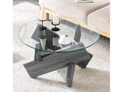 Mesa De Centro|Hauss Spole Mesa de centro redonda com pés em forma de cruz - Tampo em vidro - Madeira cinzenta Cinzento