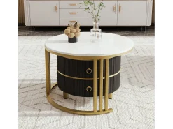 Hauss Spole Mesa de centro redonda de encaixe com 2 gavetas - Madeira MDF - e dourado^ Mesa De Centro