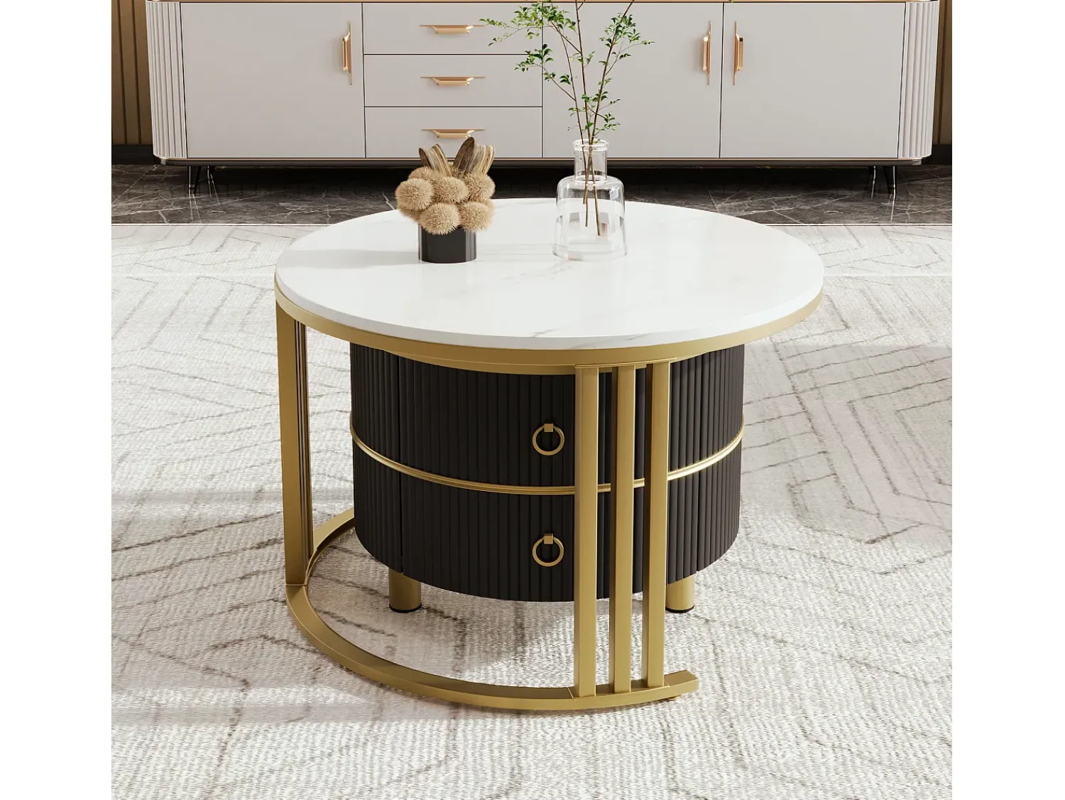 Hauss Spole Mesa de centro redonda de encaixe com 2 gavetas - Madeira MDF - e dourado^ Mesa De Centro