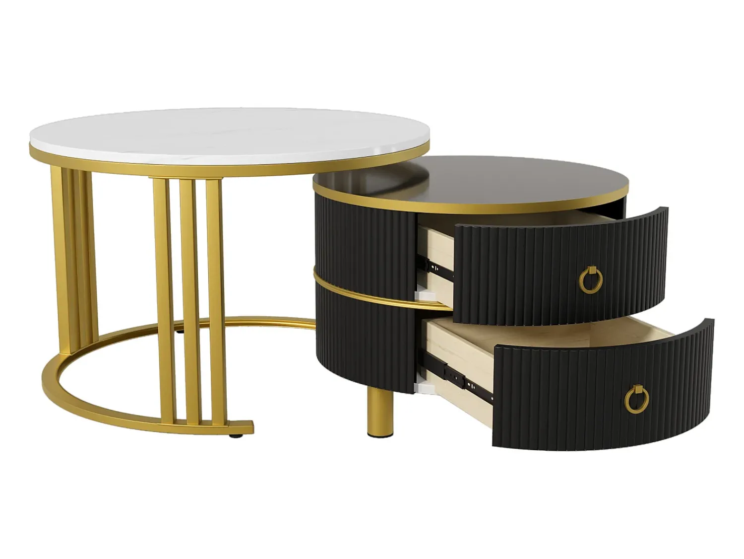 Hauss Spole Mesa de centro redonda de encaixe com 2 gavetas - Madeira MDF - e dourado^ Mesa De Centro