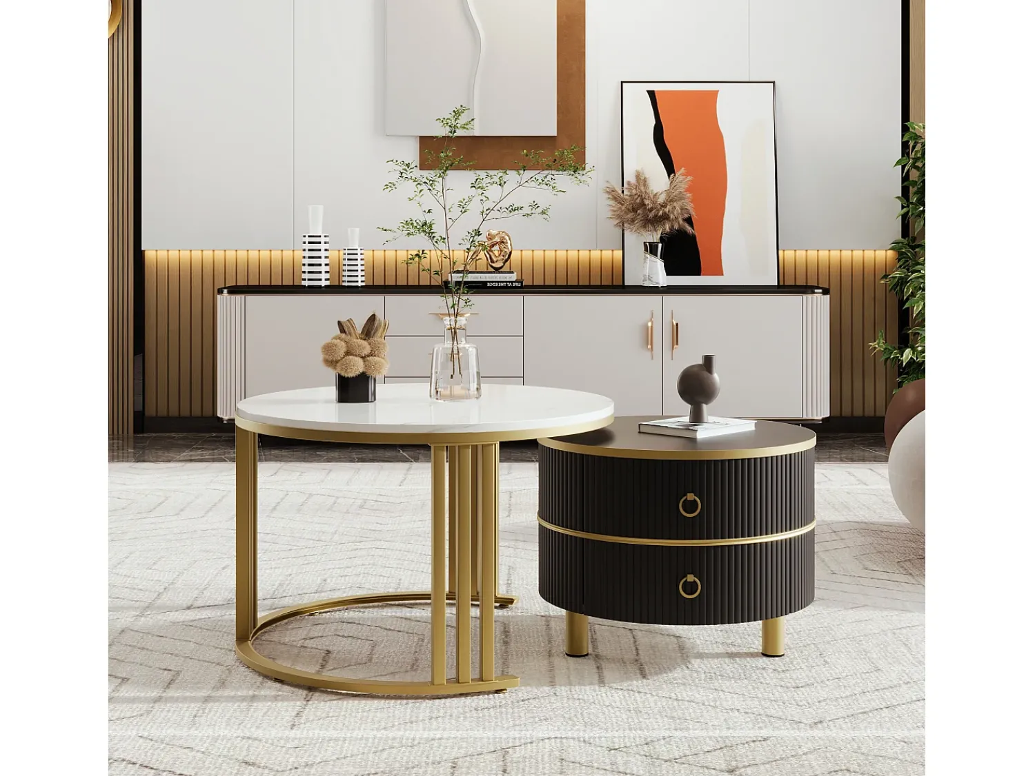 Hauss Spole Mesa de centro redonda de encaixe com 2 gavetas - Madeira MDF - e dourado^ Mesa De Centro