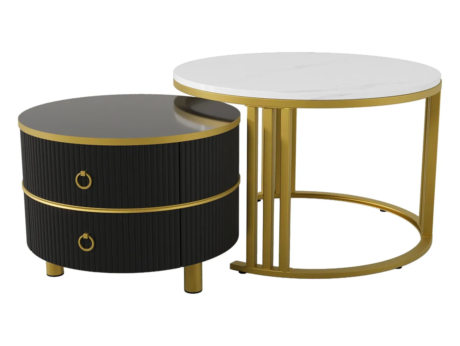 Hauss Spole Mesa de centro redonda de encaixe com 2 gavetas - Madeira MDF - e dourado^ Mesa De Centro