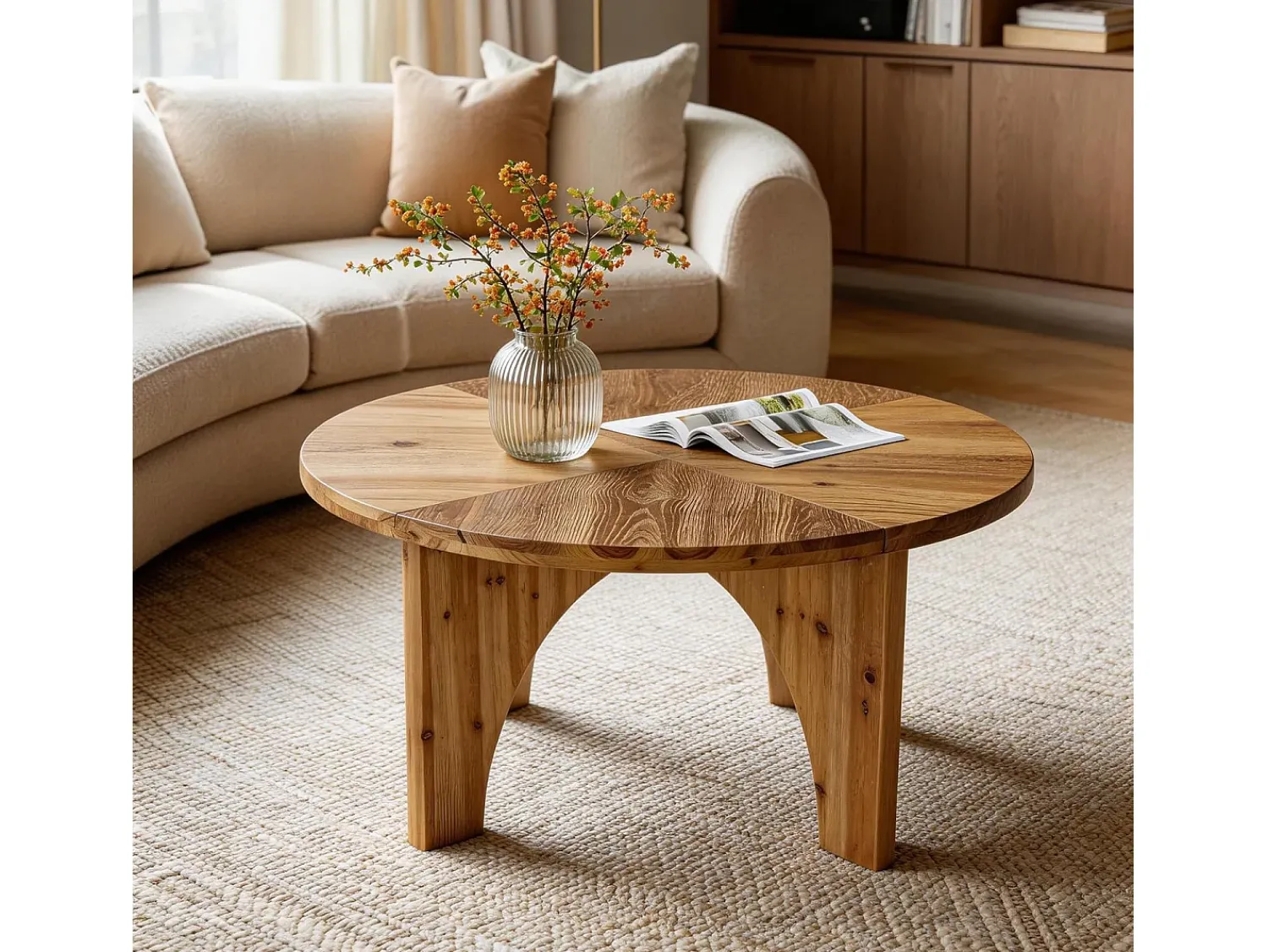 Mesa De Centro*Tribesigns Mesa de Centro Redonda de Madeira Sólida de 80cm, Mesa de Centro Rustica com Pernas Curvas Castanho