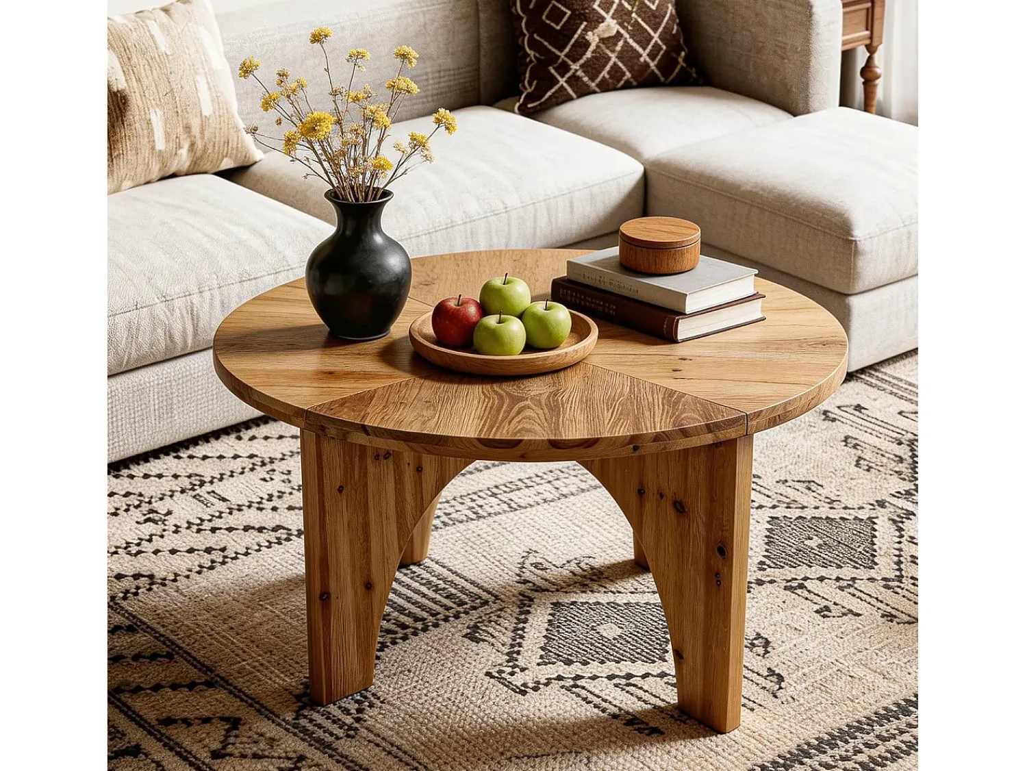 Mesa De Centro*Tribesigns Mesa de Centro Redonda de Madeira Sólida de 80cm, Mesa de Centro Rustica com Pernas Curvas Castanho