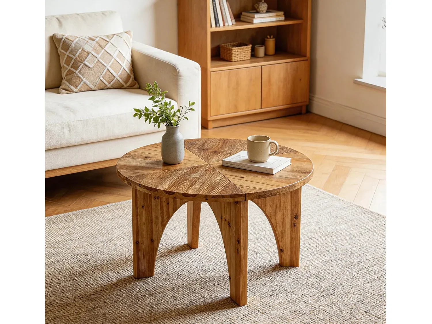 Mesa De Centro*Tribesigns Mesa de Centro Redonda de Madeira Sólida de 80cm, Mesa de Centro Rustica com Pernas Curvas Castanho