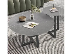 Clearance Fativo Mesa de centro redonda em mármore para a sala de estar em pedra sinterizada, conjunto de 2 mármores de design 80x80x40cm / 45x45x50cm Cinzento