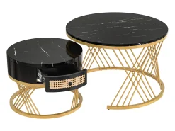 Best Hauss Spole Mesa de centro redonda empilhável com gaveta - Padrão mármore - Pés em metal dourado Preto