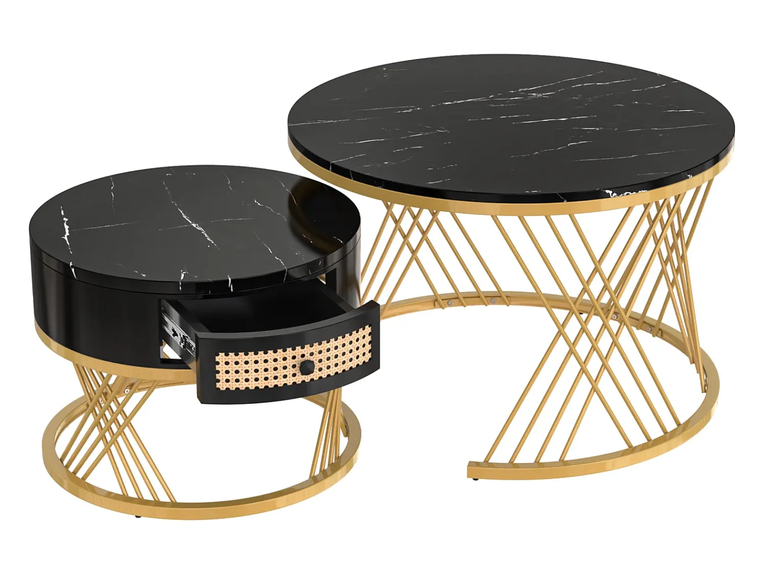 Best Hauss Spole Mesa de centro redonda empilhável com gaveta - Padrão mármore - Pés em metal dourado Preto