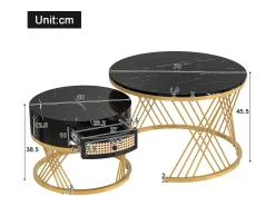 Best Hauss Spole Mesa de centro redonda empilhável com gaveta - Padrão mármore - Pés em metal dourado Preto