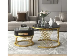 Best Hauss Spole Mesa de centro redonda empilhável com gaveta - Padrão mármore - Pés em metal dourado Preto