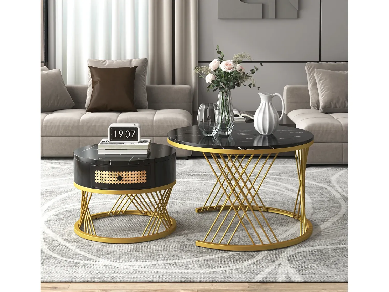 Best Hauss Spole Mesa de centro redonda empilhável com gaveta - Padrão mármore - Pés em metal dourado Preto