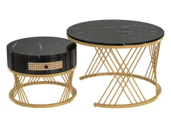 Best Hauss Spole Mesa de centro redonda empilhável com gaveta - Padrão mármore - Pés em metal dourado Preto