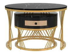 Best Hauss Spole Mesa de centro redonda empilhável com gaveta - Padrão mármore - Pés em metal dourado Preto