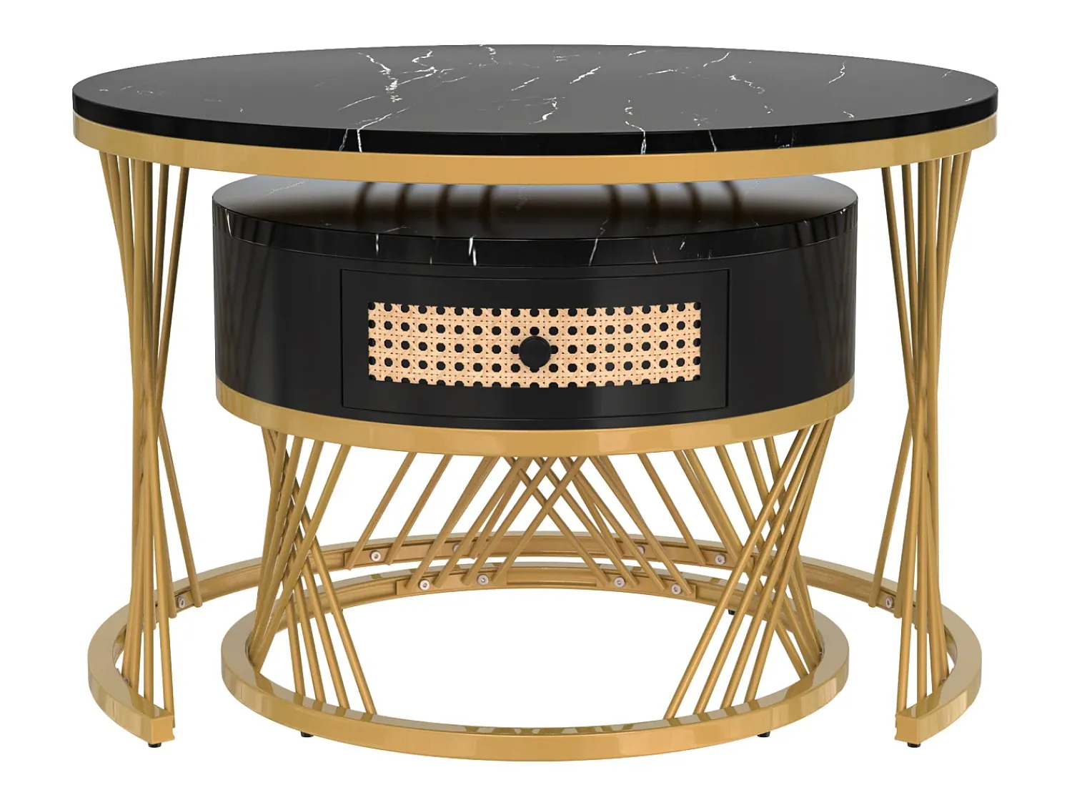 Best Hauss Spole Mesa de centro redonda empilhável com gaveta - Padrão mármore - Pés em metal dourado Preto