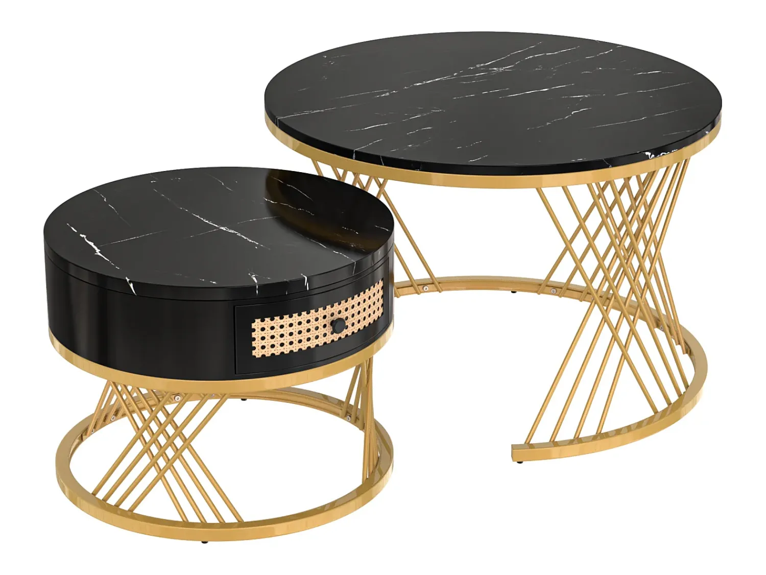 Best Hauss Spole Mesa de centro redonda empilhável com gaveta - Padrão mármore - Pés em metal dourado Preto