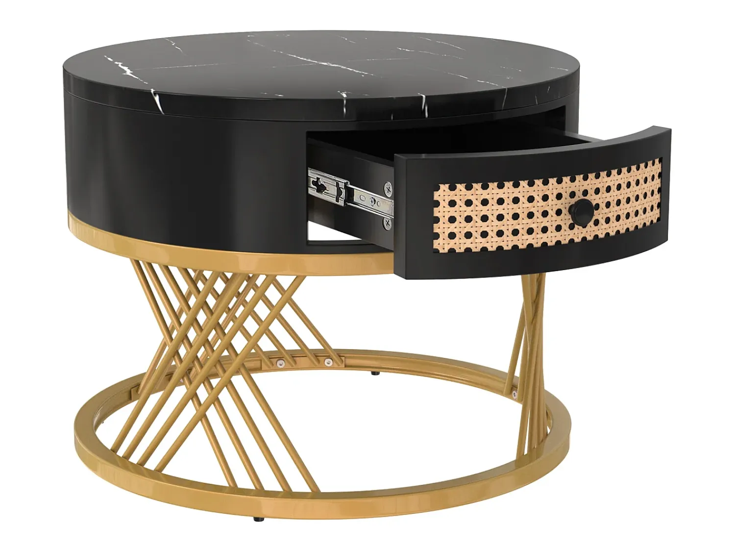Best Hauss Spole Mesa de centro redonda empilhável com gaveta - Padrão mármore - Pés em metal dourado Preto