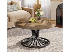 Tribesigns Mesa de centro redonda em madeira, mesa de centro circular de 80 cm com pedestal em metal, mesa de centro industrial exclusiva, castanho rústico e preto^ Mesa De Centro