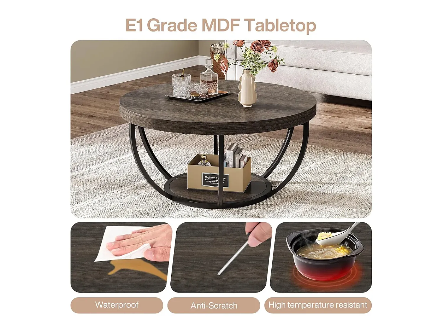 Tribesigns Mesa de centro redonda, mesa de centro industrial de 2 níveis com prateleiras de arrumação, centro moderno com detalhes em madeira, mesa de apoio para sala de estar, escritório em casa^ Mesa De Centro