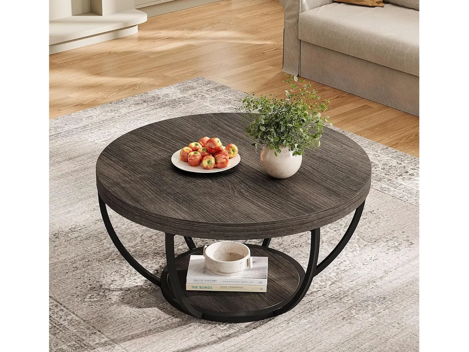 Tribesigns Mesa de centro redonda, mesa de centro industrial de 2 níveis com prateleiras de arrumação, centro moderno com detalhes em madeira, mesa de apoio para sala de estar, escritório em casa^ Mesa De Centro