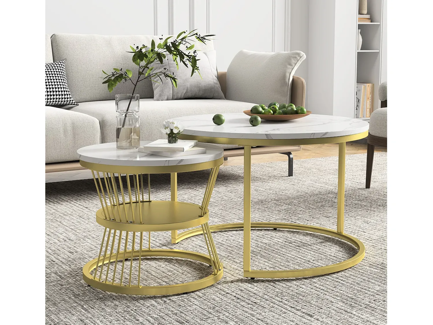 Hot Mesa de centro redonda moderna com encaixe - Estrutura de metal, Mesa grande 70x45 cm, Mesa pequena 45x40 cm Amarelo