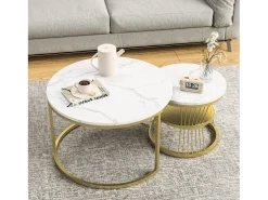 Hot Mesa de centro redonda moderna com encaixe - Estrutura de metal, Mesa grande 70x45 cm, Mesa pequena 45x40 cm Amarelo