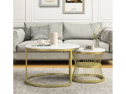 Hot Mesa de centro redonda moderna com encaixe - Estrutura de metal, Mesa grande 70x45 cm, Mesa pequena 45x40 cm Amarelo