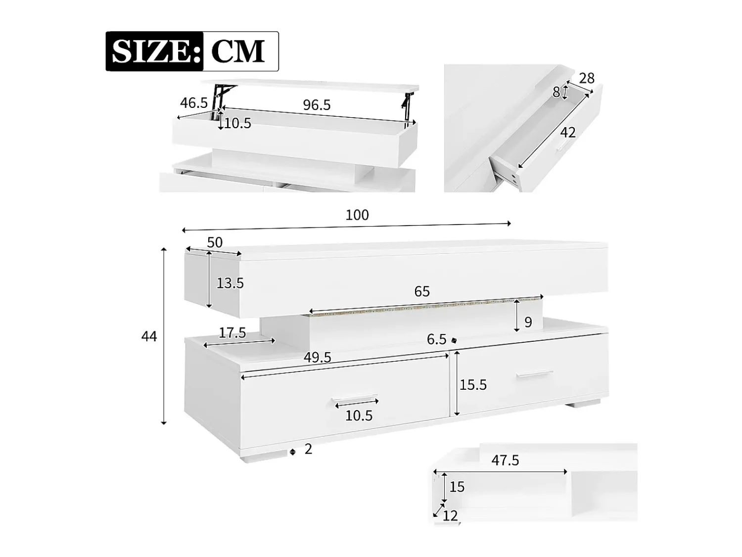 Mesa De Centro*ModernLuxe Mesa de centro regulável em altura com LED - 2 gavetas - controlada por APP - Branco