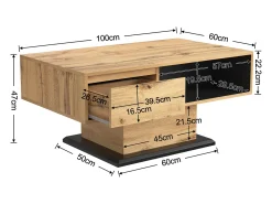 Sale Mesa de centro retangular em carvalho e antracite, 100 cm (comprimento) x 60 cm (largura) x 47 cm (altura), com gaveta e 2 prateleiras. Natural claro