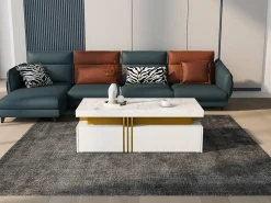 Mesa De Centro*Merax Mesa de centro retangular com 2 gavetas - 100x50x40 cm - aglomerado - tampo marmorizado, para sala - Branco
