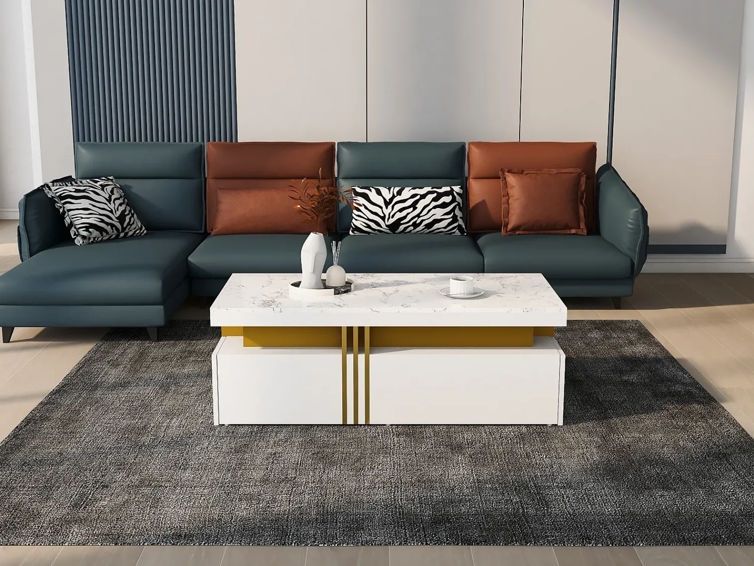 Mesa De Centro*Merax Mesa de centro retangular com 2 gavetas - 100x50x40 cm - aglomerado - tampo marmorizado, para sala - Branco