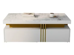 Mesa De Centro*Merax Mesa de centro retangular com 2 gavetas - 100x50x40 cm - aglomerado - tampo marmorizado, para sala - Branco
