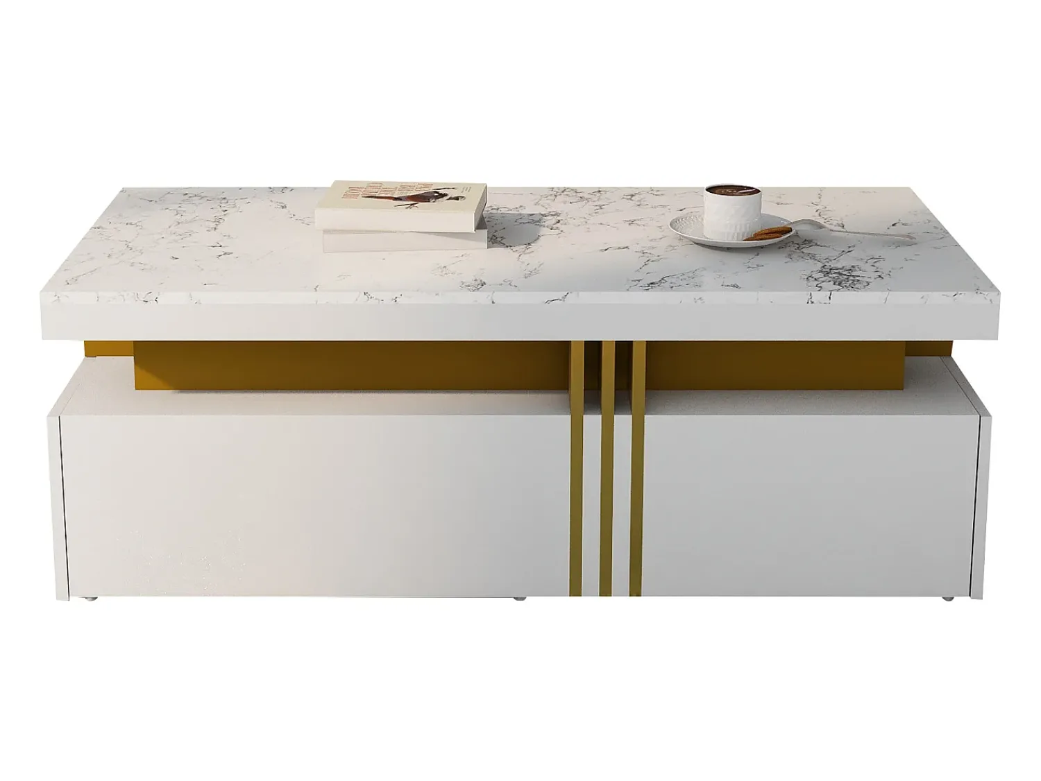 Mesa De Centro*Merax Mesa de centro retangular com 2 gavetas - 100x50x40 cm - aglomerado - tampo marmorizado, para sala - Branco