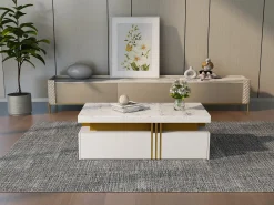 Mesa De Centro*Merax Mesa de centro retangular com 2 gavetas - 100x50x40 cm - aglomerado - tampo marmorizado, para sala - Branco