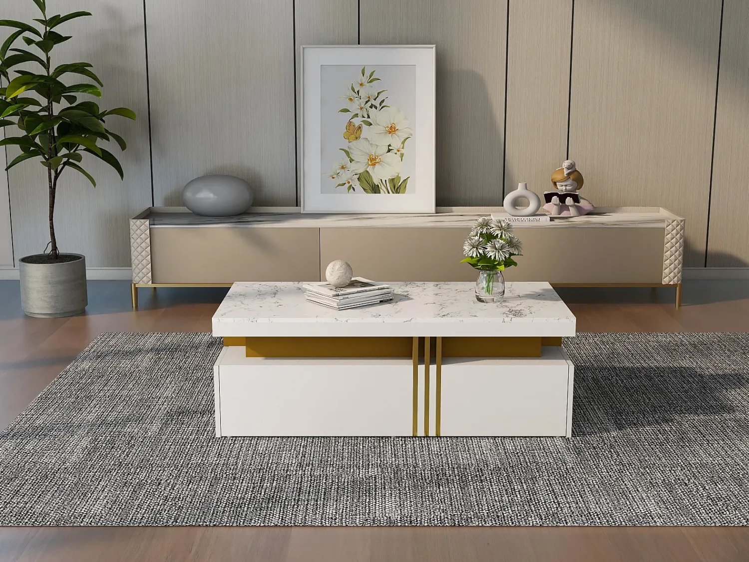 Mesa De Centro*Merax Mesa de centro retangular com 2 gavetas - 100x50x40 cm - aglomerado - tampo marmorizado, para sala - Branco